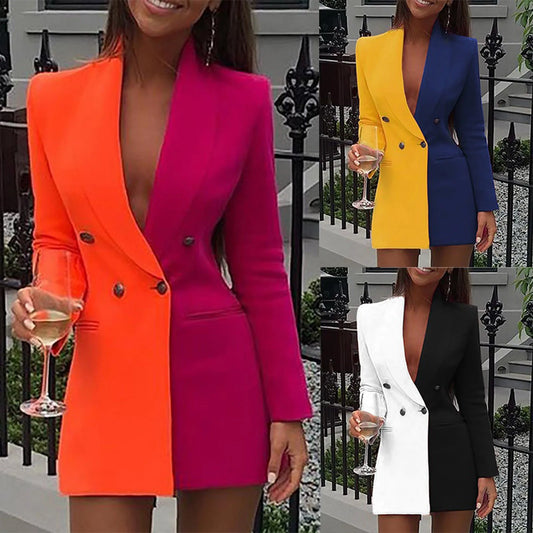 Yellow color block patchwork blazer dress for women, long sleeve, V-neck, double-breasted, slim fit, suitable for spring and autumn.