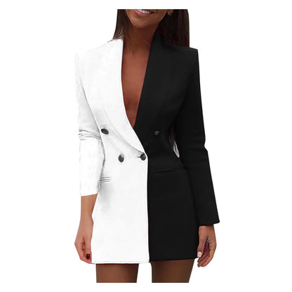 Yellow color block patchwork blazer dress for women, long sleeve, V-neck, double-breasted, slim fit, suitable for spring and autumn.