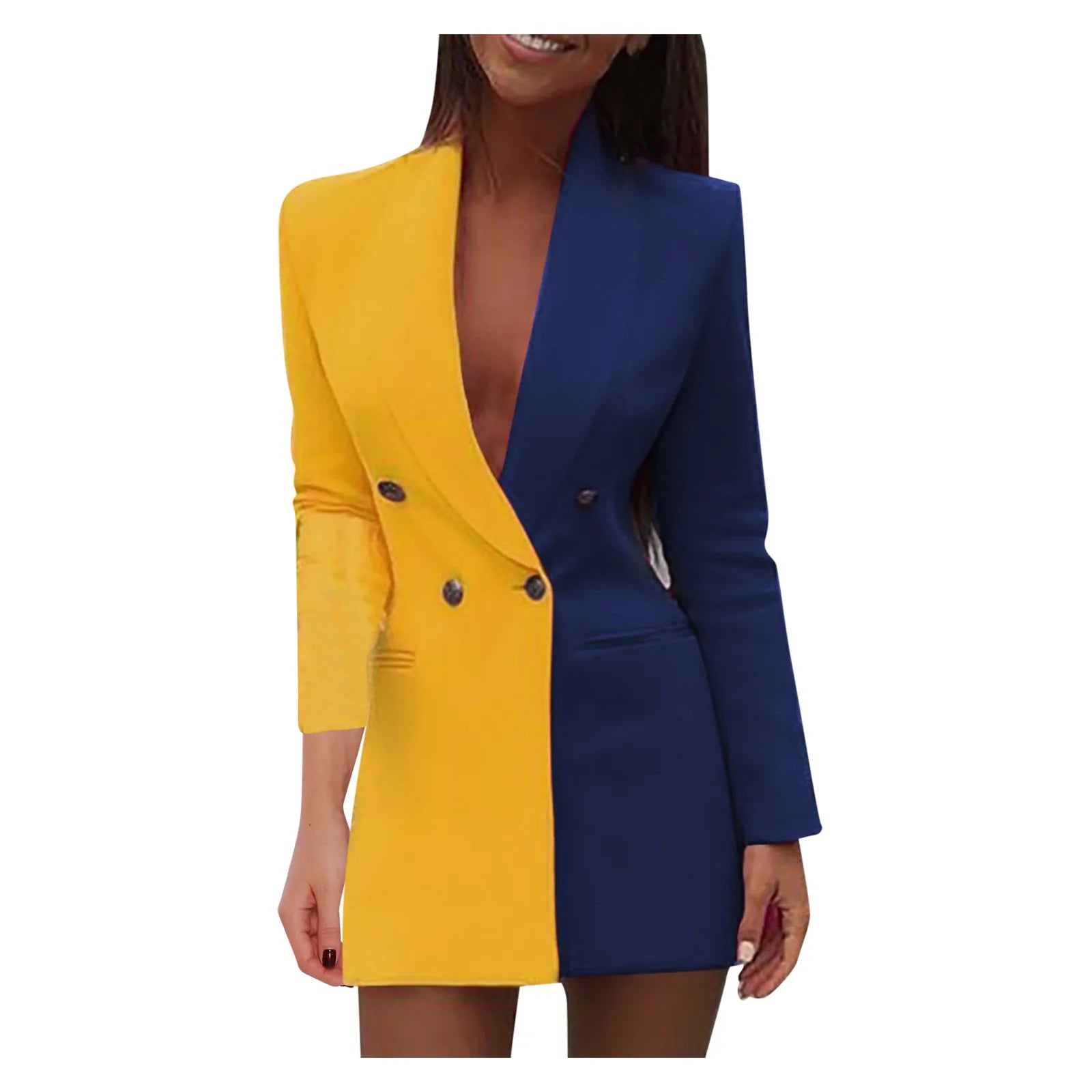 Yellow color block patchwork blazer dress for women, long sleeve, V-neck, double-breasted, slim fit, suitable for spring and autumn.