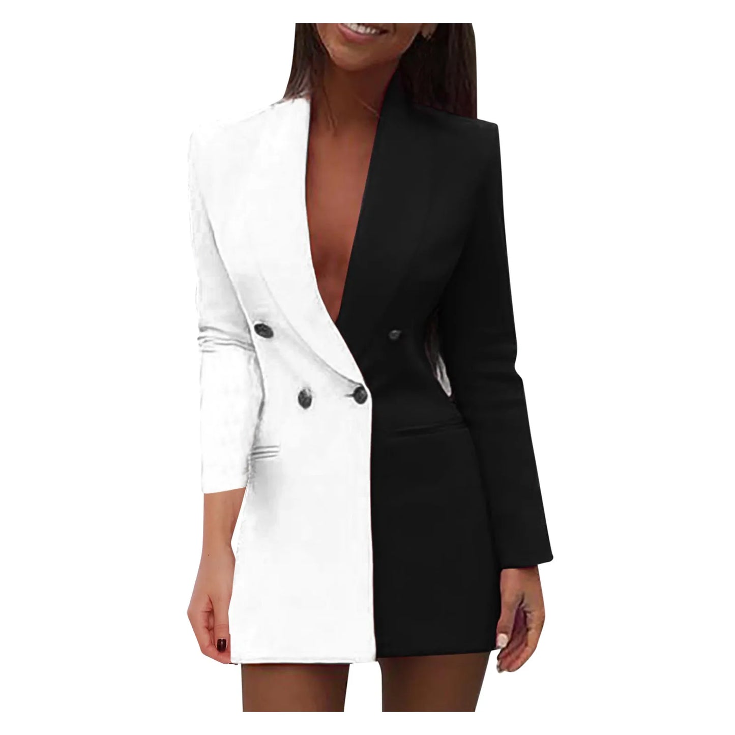 Yellow color block patchwork blazer dress for women, long sleeve, V-neck, double-breasted, slim fit, suitable for spring and autumn.