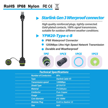 Starlink Ethernet Adapter Gen 3 Mini with 50/100cm waterproof cable extension and RJ45 coupler for dish and router connections