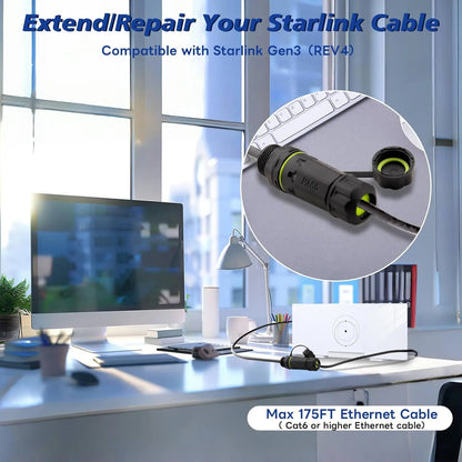 Starlink Ethernet Adapter Gen 3 Mini with 50/100 cm waterproof IP68 cable extension for dish and router connections.