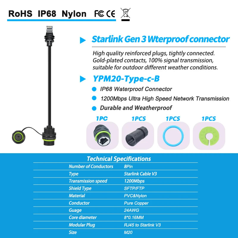 Starlink Ethernet Adapter Gen 3 Mini with 50/100cm waterproof IP68 cable extension for dish and router connectivity.