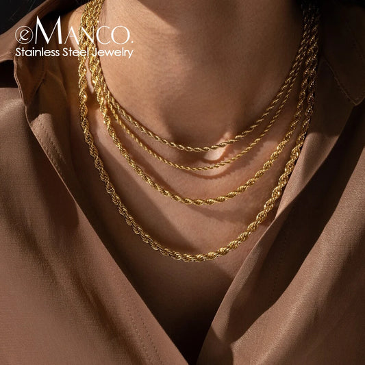 Stainless steel 2-5mm rope chain necklace in gold color, waterproof and fade-resistant, suitable for men and women jewelry.