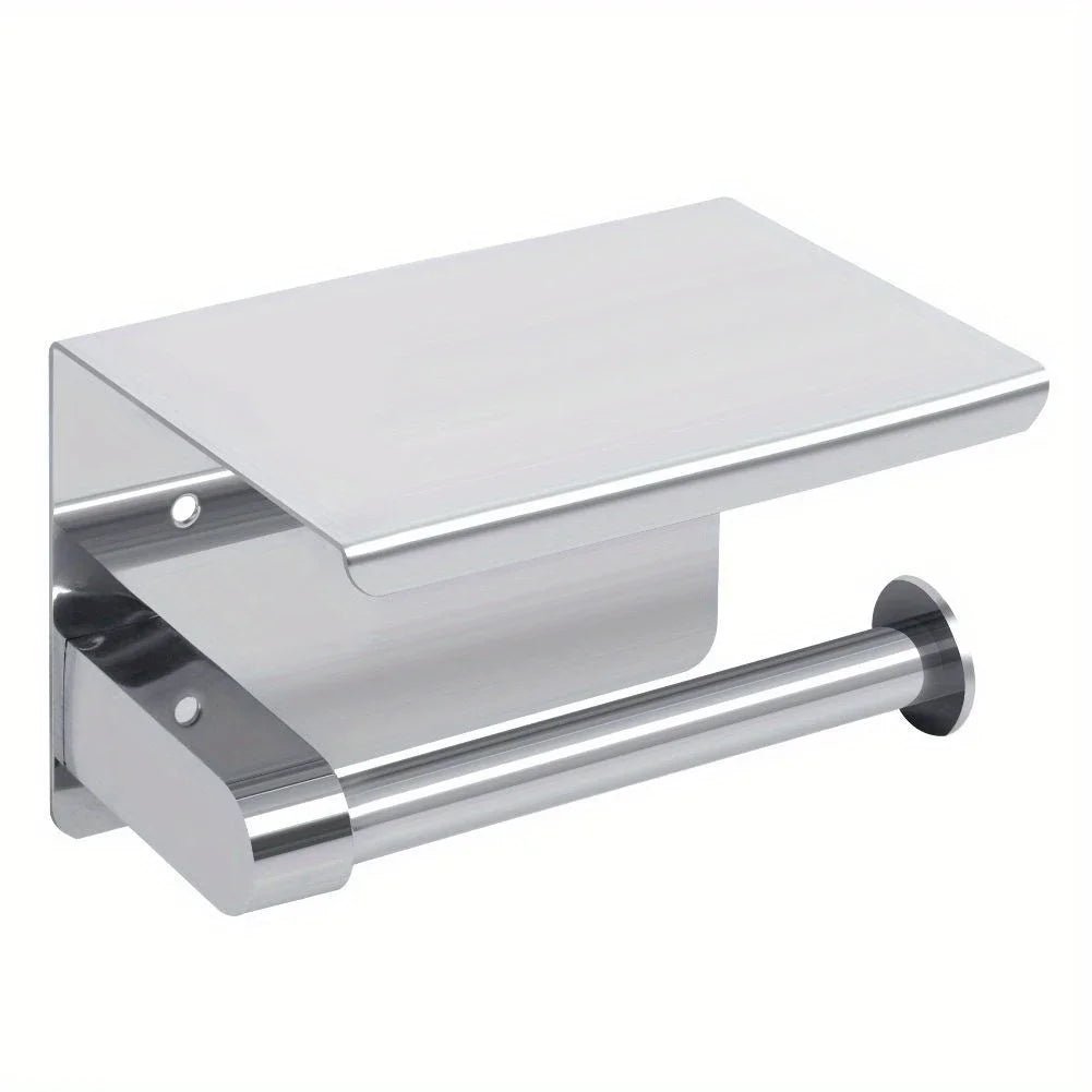 Stainless steel toilet paper and towel rack with phone storage for bathroom or public use, wall-mounted bathroom roll paper box.