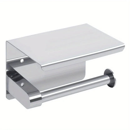 Stainless steel toilet paper and towel rack with phone storage for bathroom or public use, wall-mounted bathroom roll paper box.