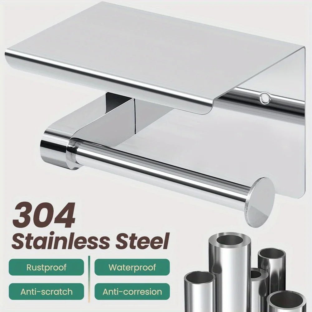 Stainless steel toilet paper towel rack with phone storage, suitable for household and public bathrooms, bathroom roll holder.