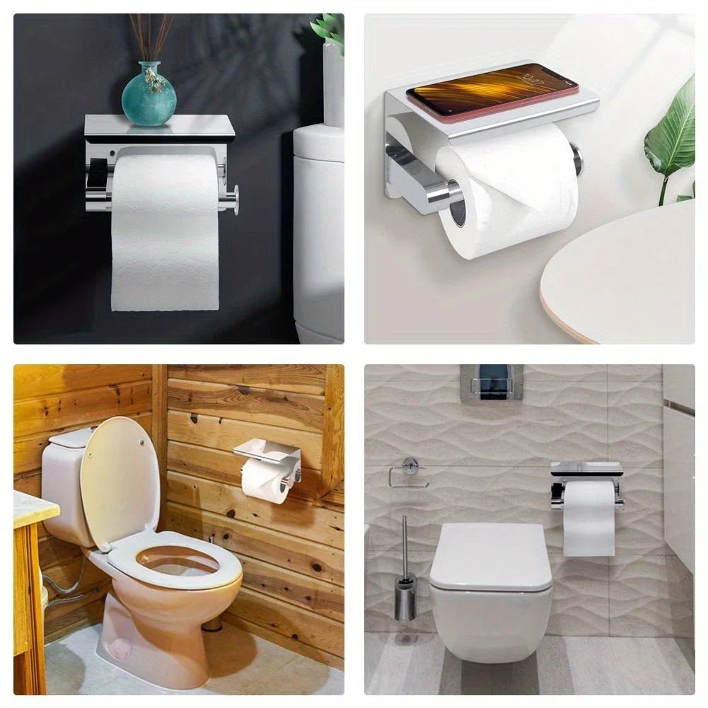 Stainless steel toilet paper towel rack with phone storage for bathroom or public use, mounted on wall, with roll holder and storage box