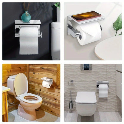 Stainless steel toilet paper towel rack with phone storage for bathroom or public use, mounted on wall, with roll holder and storage box