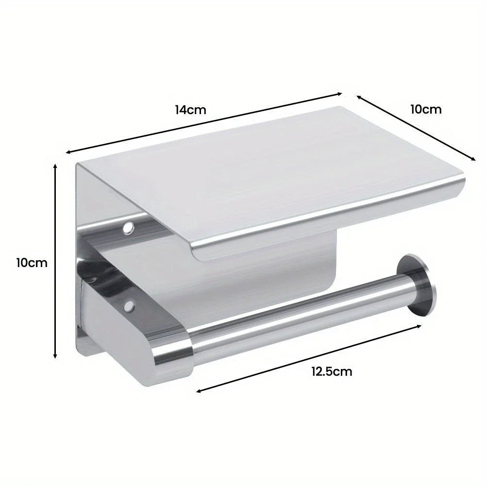 Stainless steel toilet paper towel rack with phone storage, designed for household and public bathroom use, by BACKUPMYFILESNOW.COM®
