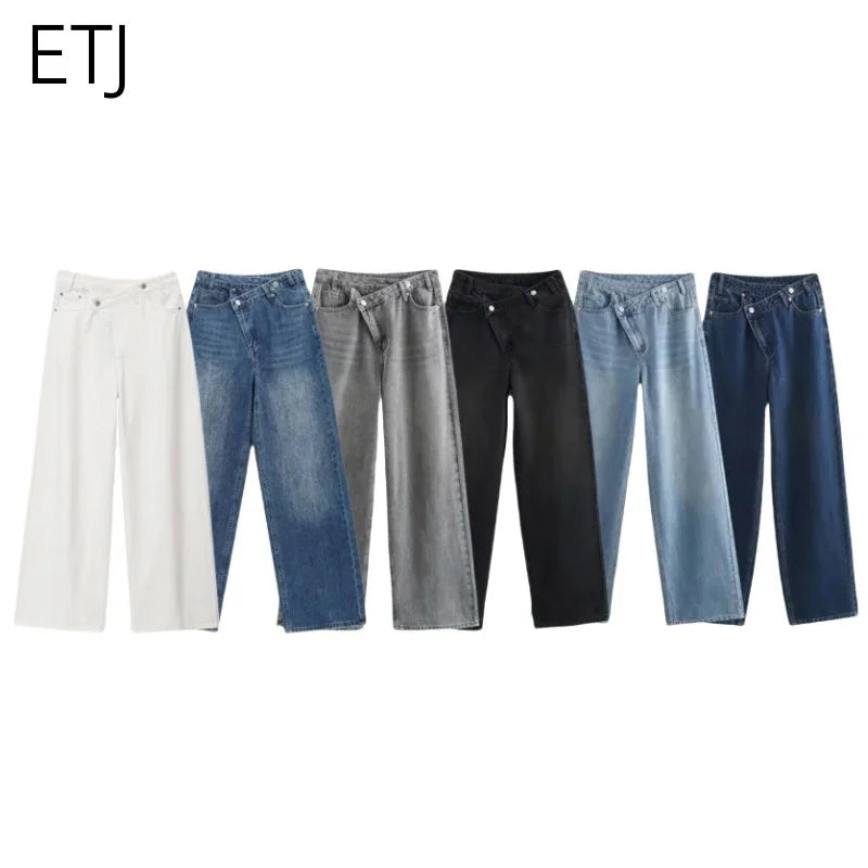 Women’s high-waist wide-leg jeans by BackupMyFilesNow.com, featuring a classic cross-waist design and versatile style.
