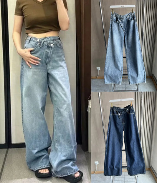 Women’s high-waist wide-leg jeans from ETJ 2025, featuring a classic all-match style and cross waist design.