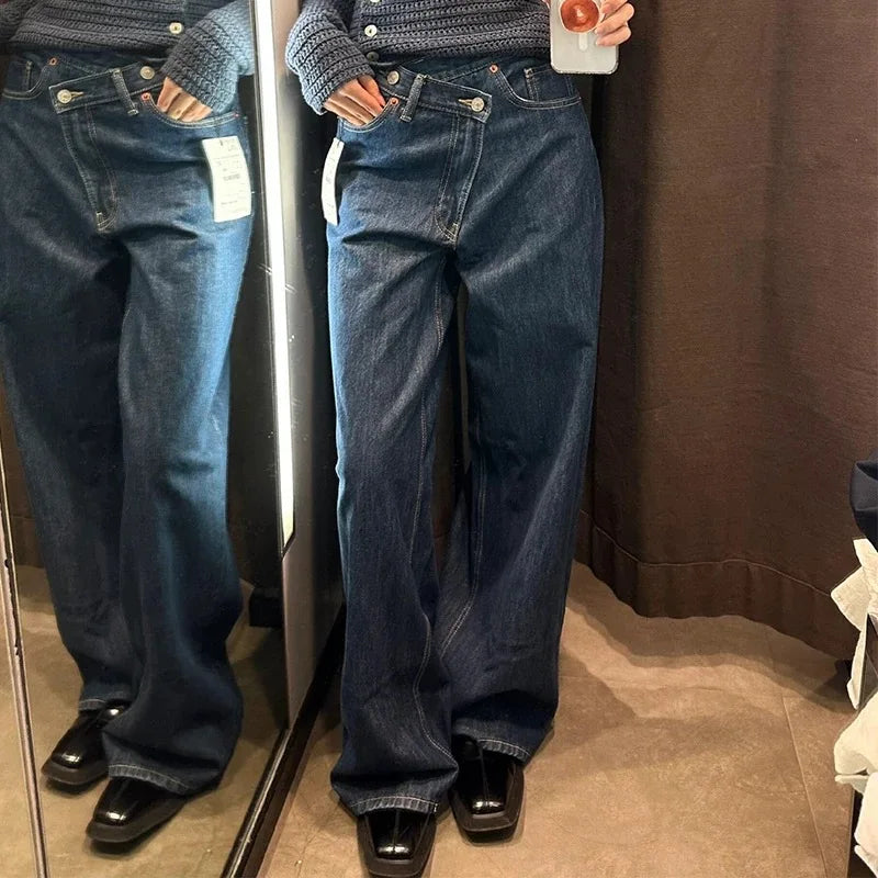 Women’s high-waist wide-leg jeans from ETJ 2025, featuring a classic all-match style and cross waist design.