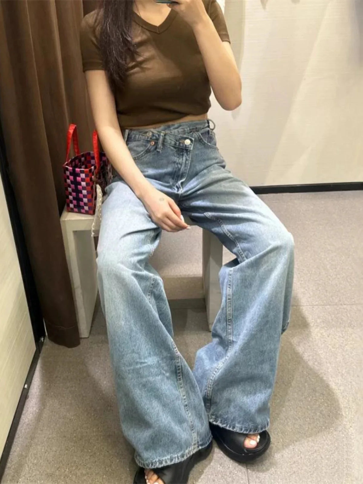High-waist wide-leg jeans for women, classic all-match fashion by ETJ 2025, with cross waist design and relaxed fit.