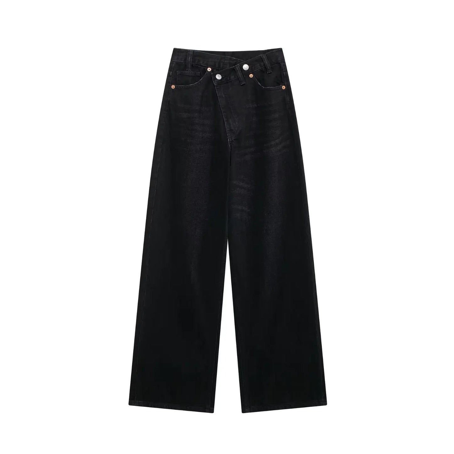 Women's high-waist wide-leg jeans by ETJ 2025 featuring a classic cross waist design, perfect for casual fashion.