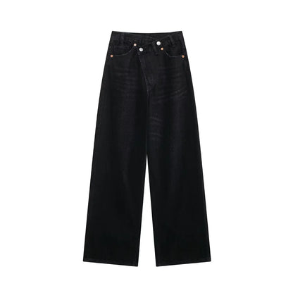 Women's high-waist wide-leg jeans by ETJ 2025 featuring a classic cross waist design, perfect for casual fashion.