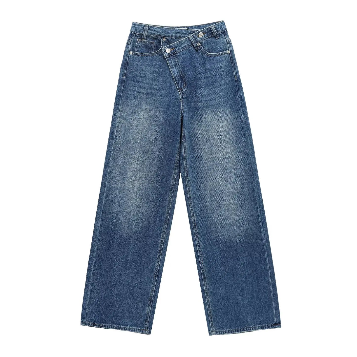 Women's high-waist wide-leg jeans with classic design, cross waist style, from ETJ 2025 collection, in a versatile fashion look.