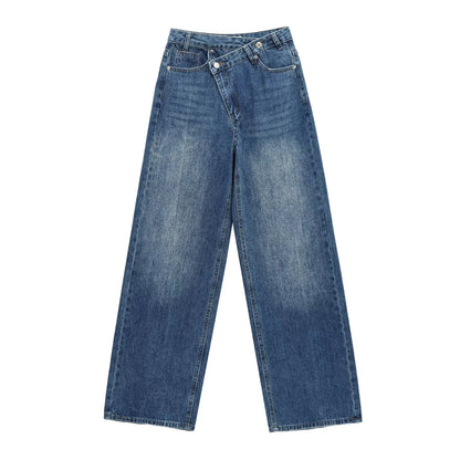 Women's high-waist wide-leg jeans with classic design, cross waist style, from ETJ 2025 collection, in a versatile fashion look.