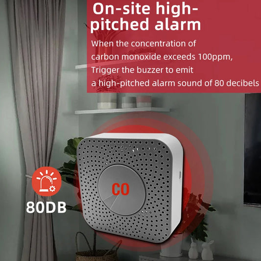 Tuya Smart Carbon Monoxide and Smoke Detector with intelligent alarm and app control, featuring sleek design and digital display.