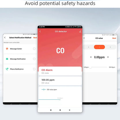 Tuya Smart Carbon Monoxide and Smoke Detector with intelligent alarm and app control for home safety.