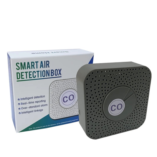 Tuya Smart Carbon Monoxide and Smoke Detector alarm with intelligent life app, featuring sleek design and sensor indicators.