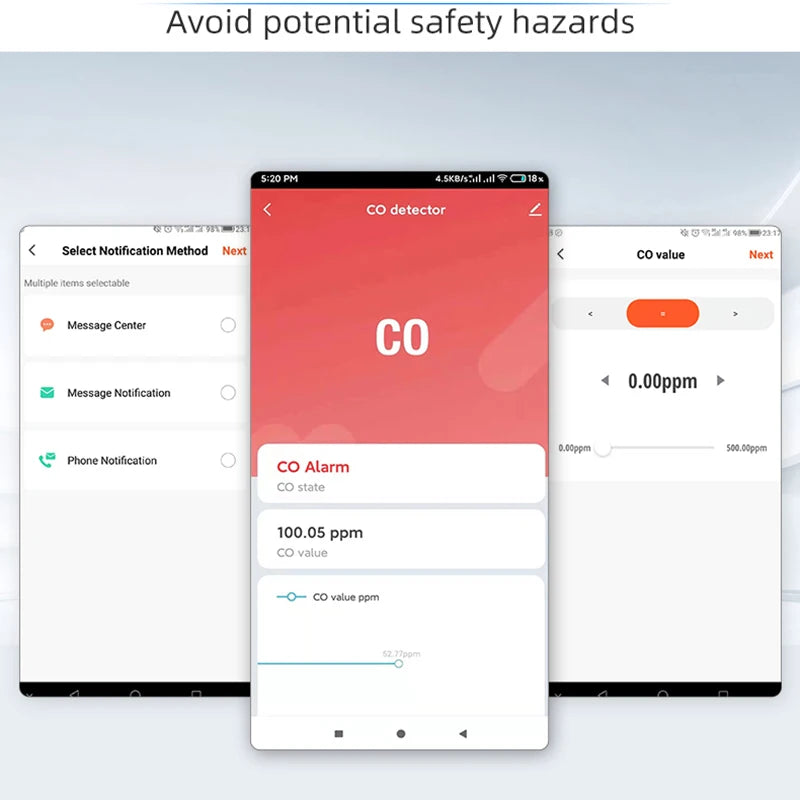 Tuya Smart Carbon Monoxide and Smoke Detector with intelligent alarm and app control, designed for home safety.