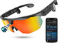 Black smart glasses with 4K HD camera, anti-shake stabilization, 3D stereo speakers, polarized UV400 lens, Bluetooth, and AI features.
