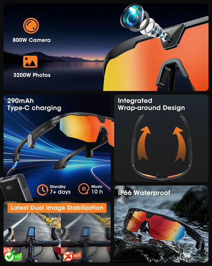 Black smart glasses with 4K HD camera, 3D stereo speakers, polarized UV400 lenses, Bluetooth, and AI features for outdoor use.