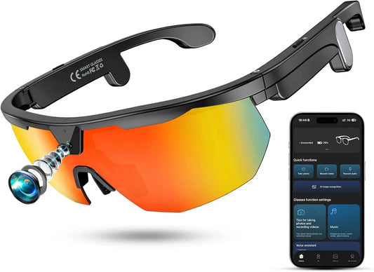 Black smart glasses with 4K HD camera, 3D stereo speakers, polarized UV400 lens, Bluetooth, and AI features for outdoor use.