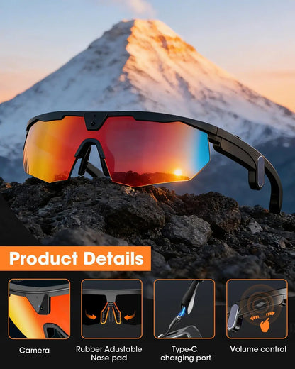 Black smart glasses with 4K HD camera, 3D stereo speakers, polarized UV400 lens, Bluetooth, AI features, ideal for outdoor video and photos.