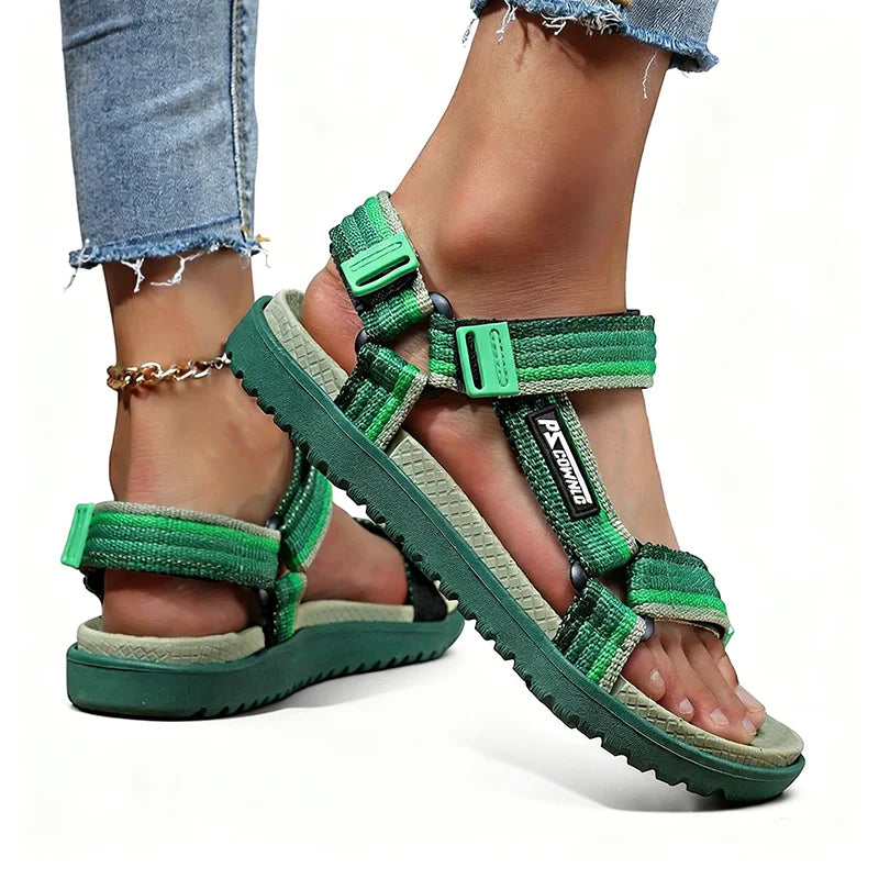 Green women's summer sandals by BACKUPMYFILESNOW.COM®, lightweight and casual outdoor sandals for beach and holiday wear.
