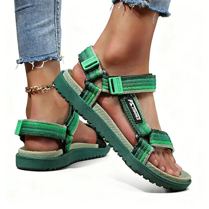 Green women's summer sandals by BACKUPMYFILESNOW.COM®, lightweight casual outdoor shoes with comfortable straps for beach and holiday wear.