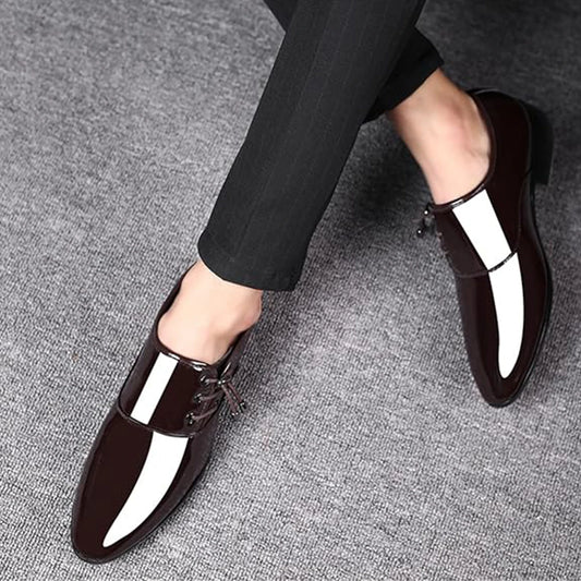 Men's black patent leather loafer shoes by BackupMyFilesNow.com, slip-on Oxford dress shoes for business, casual, or special occasions.