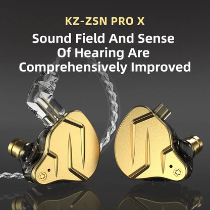 KZ ZSN Pro X in-ear earbuds with metal design, hybrid drivers, bass enhancement, suitable for sports and high-fidelity audio.