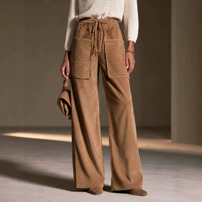 Women's high-waisted drawstring corduroy wide-leg pants in textured fabric”】【