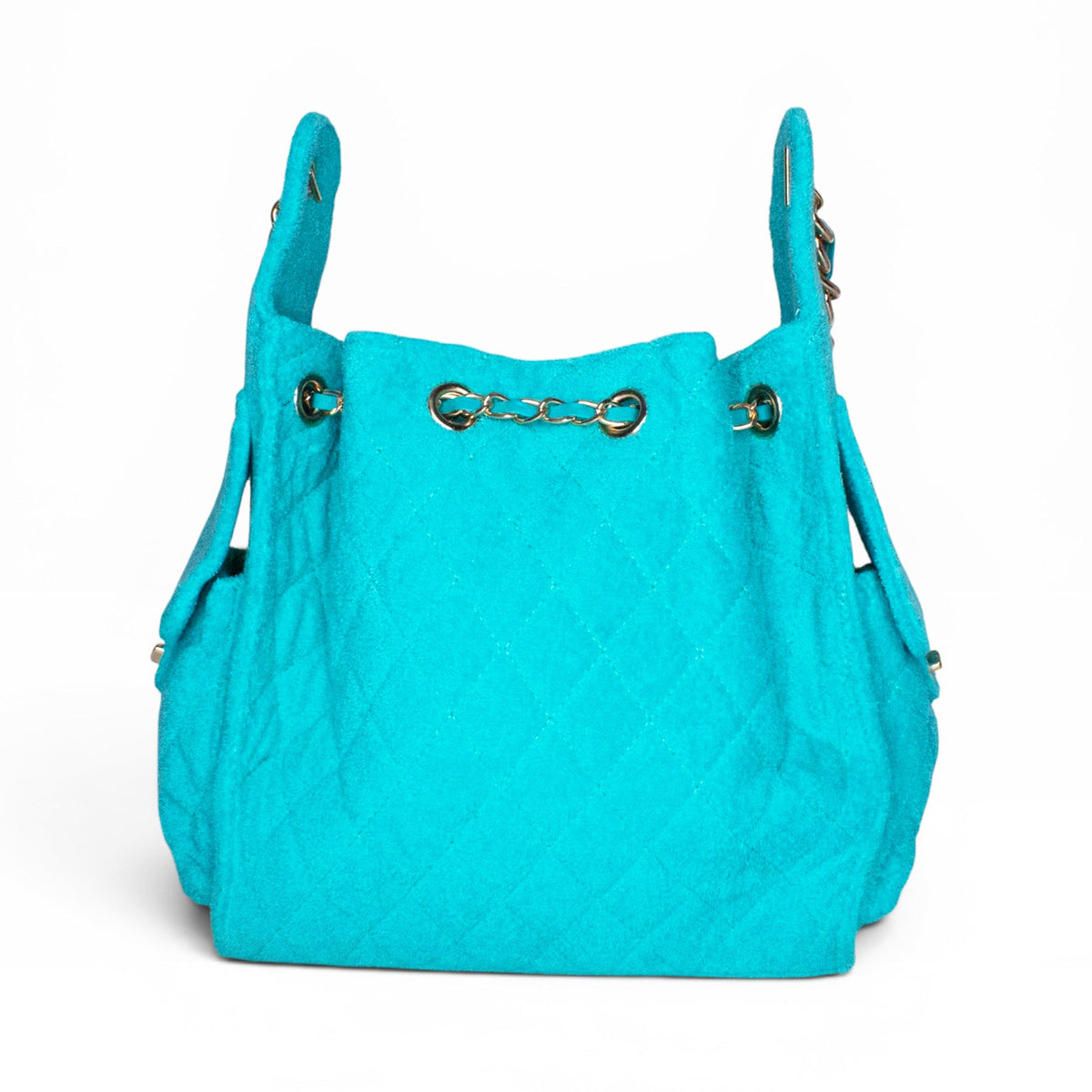 Small turquoise Bayshore Bucket bag by BEACH HAUS with a woven texture and round handles, perfect for casual outings.