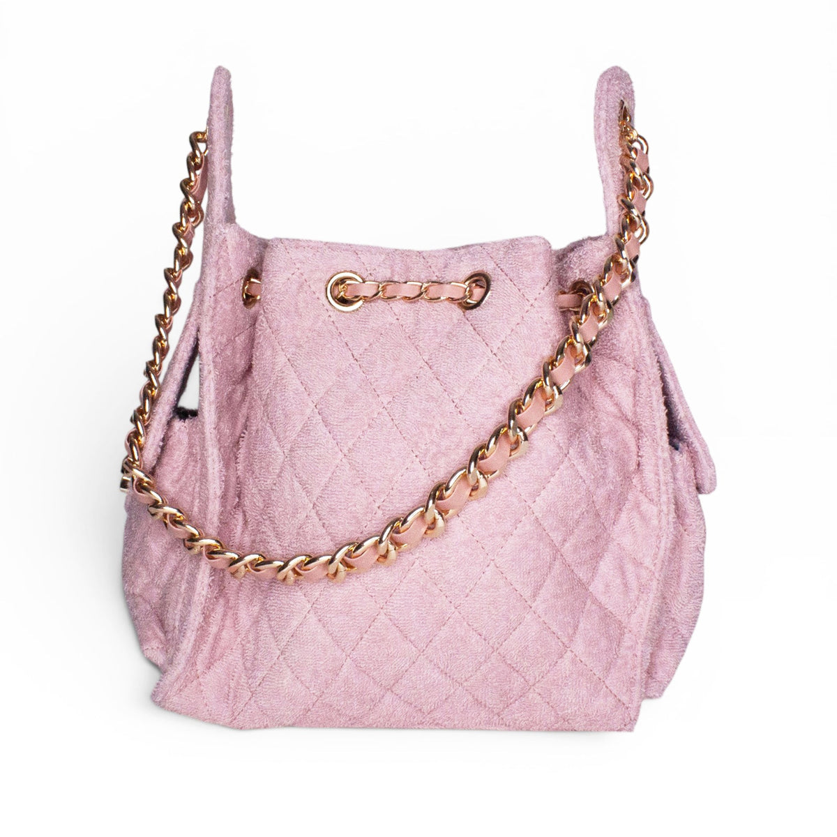 Small Bayshore Bucket by BEACH HAUS in Dusty Rose, showing woven fabric bag with rounded shape and leather handle details.