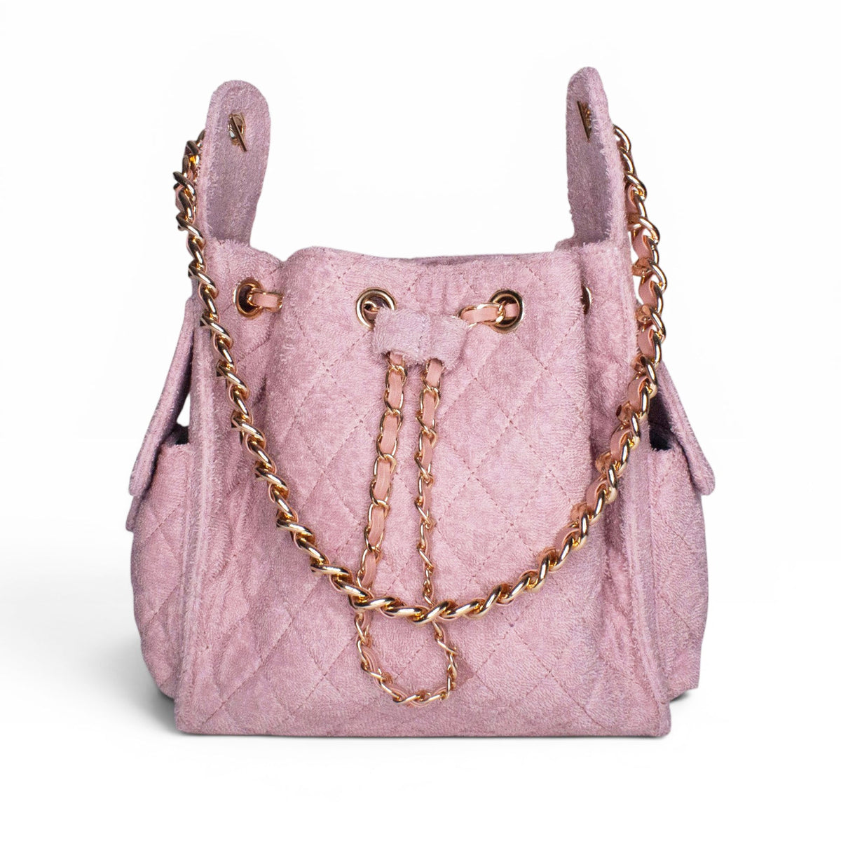 Small Bayshore Bucket Bag by BEACH HAUS in dusty rose color, showing the stylish woven design and sturdy handle.