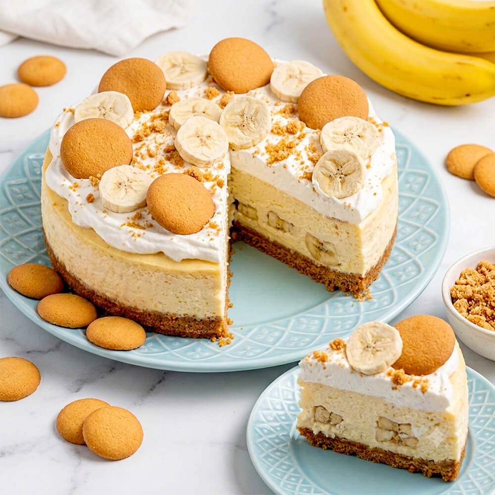 Freeze-dried banana slices from VFD.US, suitable for snacks or baking, shown on banana pudding cake.
