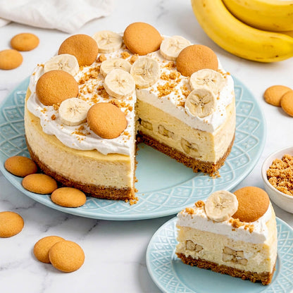 Freeze-dried banana slices from VFD.US, suitable for snacks or baking, shown on banana pudding cake.