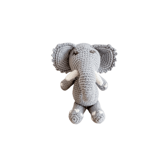 Small handmade Barry the elephant stuffed animal by Bebemoss, made from organic cotton, soft and cuddly for children.