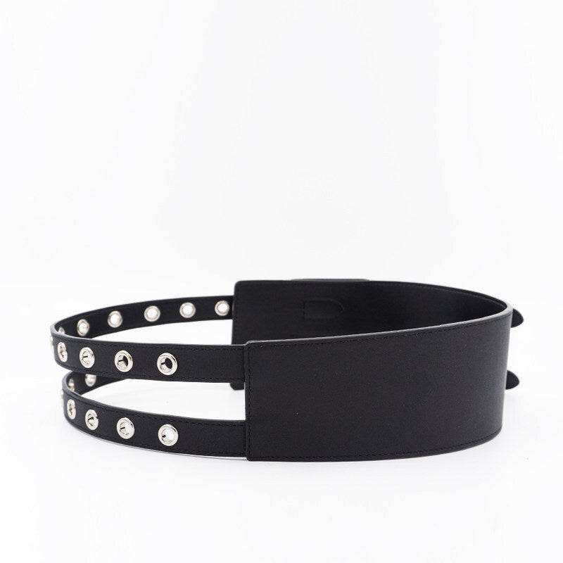 Women's leather wide belt-decorated dress in classic style