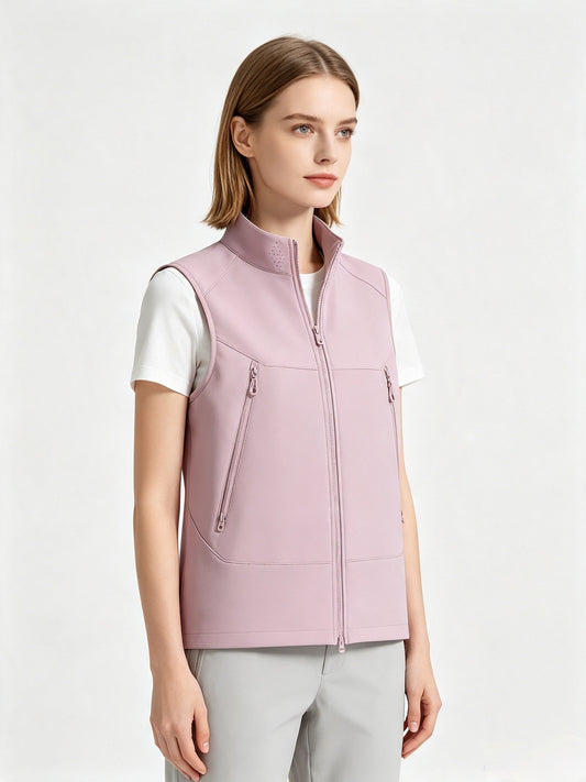 Couple stand collar outdoor vest with thin fleece lining, windproof waterproof gilet and zipper pockets