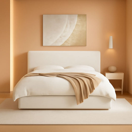 Queen size luxurious upholstered platform bed frame from ShipItFurniture with a padded headboard and modern design.