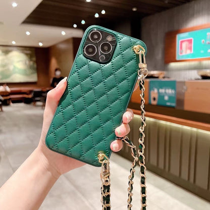 Diamond plaid crossbody phone case protective sleeve with strap, shown in a sleek textured design