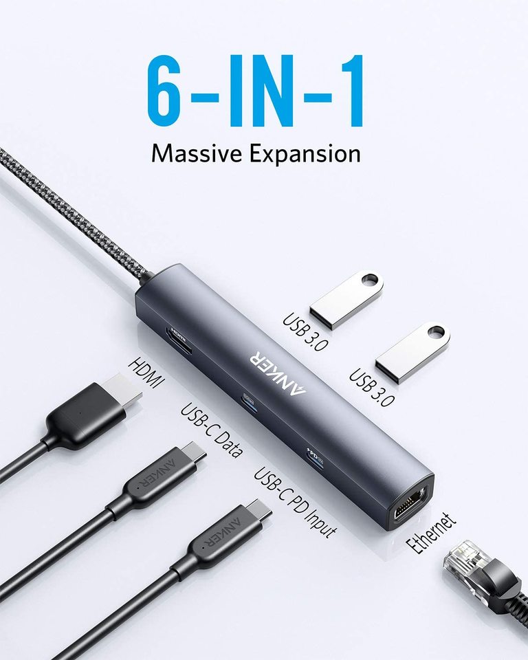 Anker 543 USB-C Hub with 6-in-1 slim design for charging only, featuring multiple ports on a sleek black hub.
