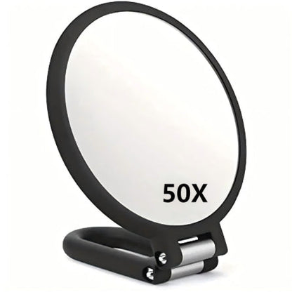 Double-sided handheld folding makeup mirror with 10x–40x magnification and portable compact design