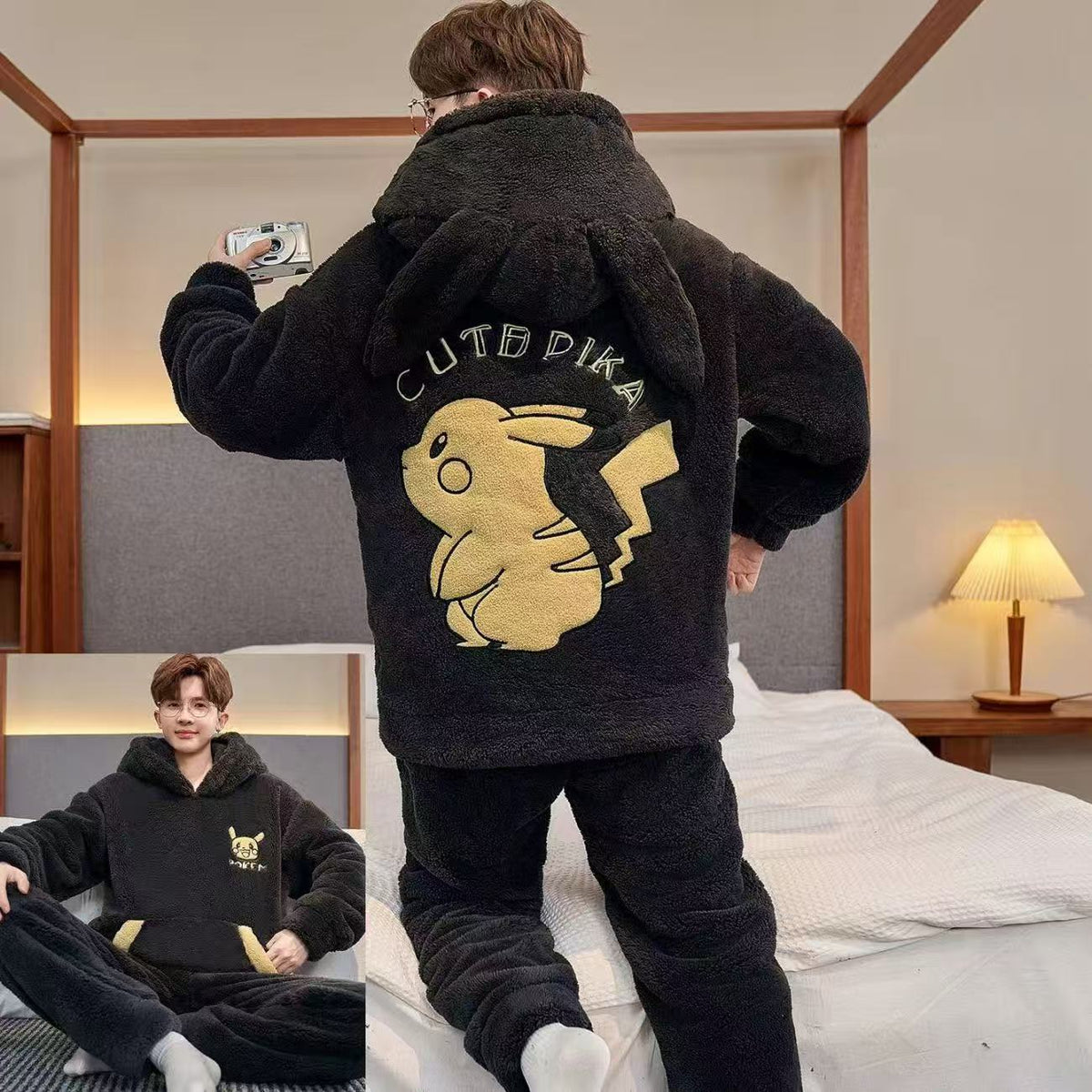 Men's thickened cartoon plus-size pajama set with long-sleeve top and matching pants