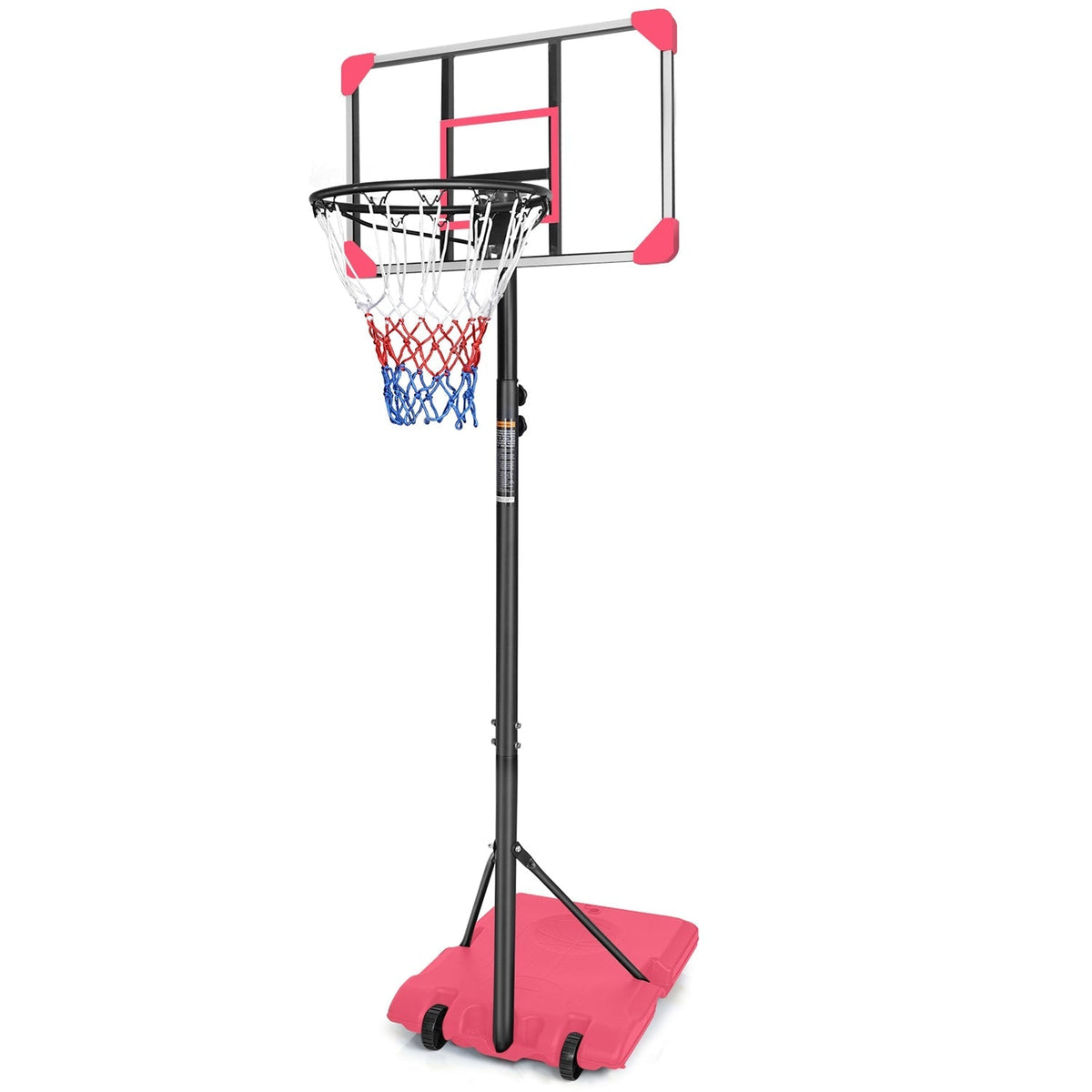 Adjustable kids basketball hoop by GBruno Store with wheels, height range 5.6 to 7 feet, suitable for outdoor play.