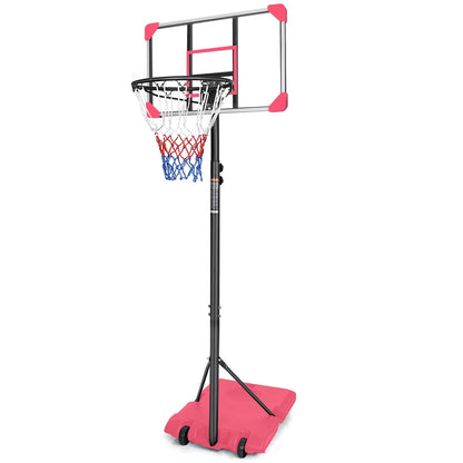 Adjustable kids basketball hoop by GBruno Store with wheels, height range 5.6 to 7 feet, suitable for outdoor play.